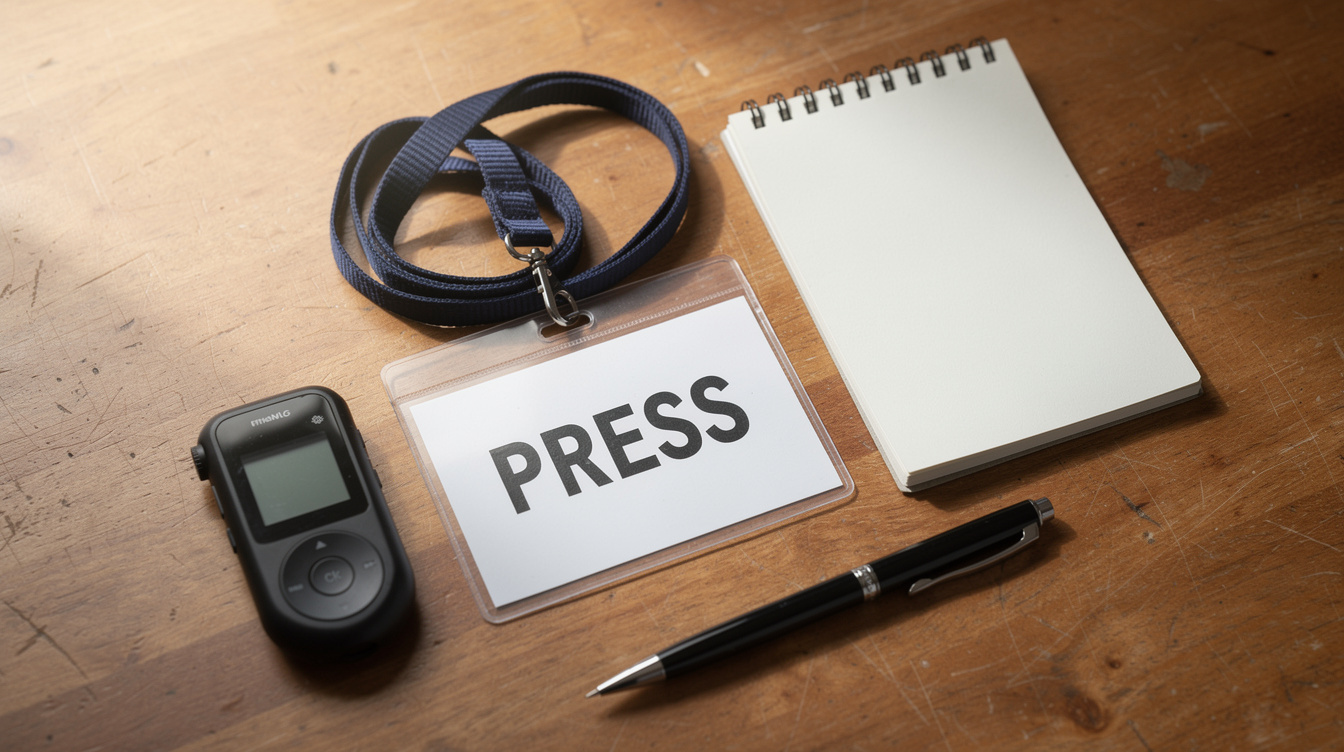 Press starter kit with a press card, lanyard and notebook on a desk