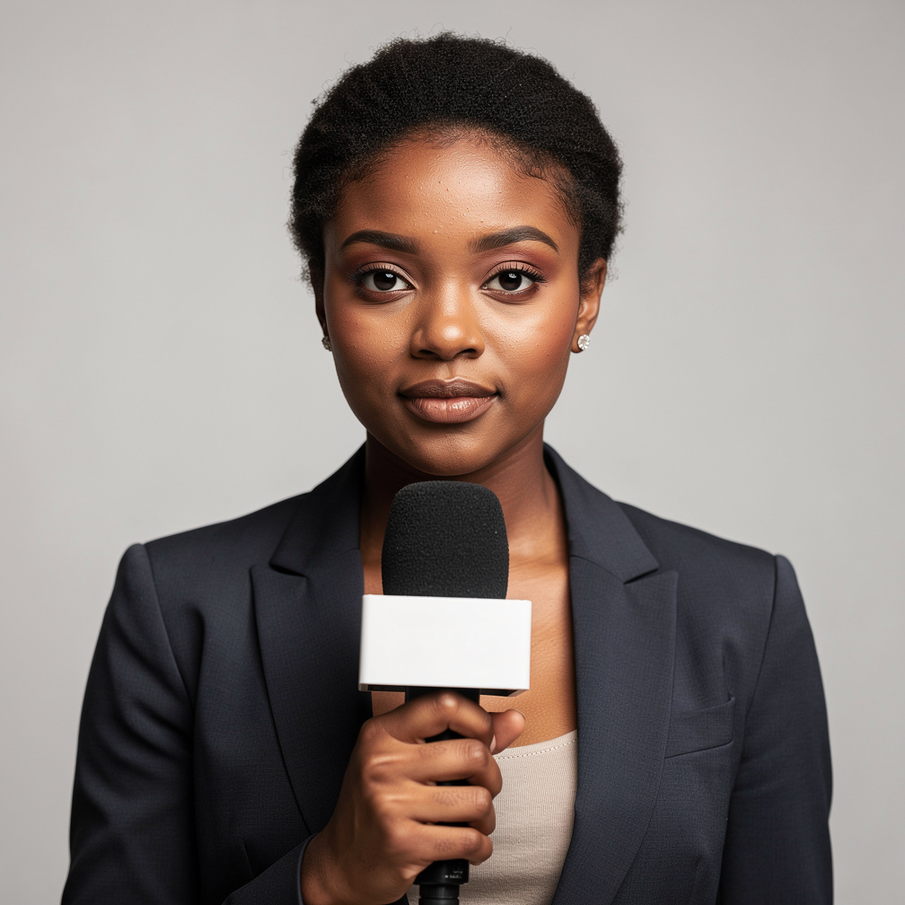 Young Black female journalist holding a microphone