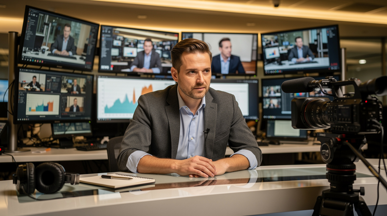Journalist working at a news desk with multiple monitors and a camera